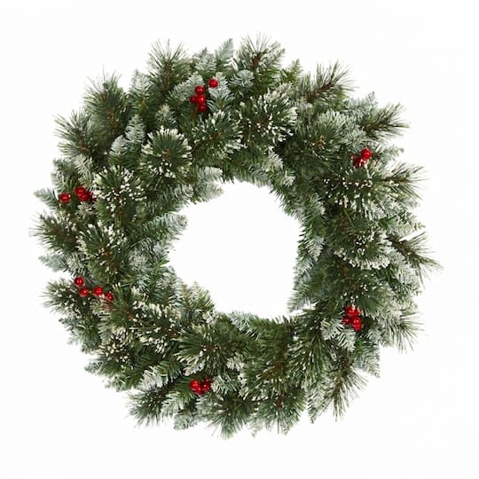 Nearly Natural 24" Artificial Frosted Swiss Pine Wreath with Berries